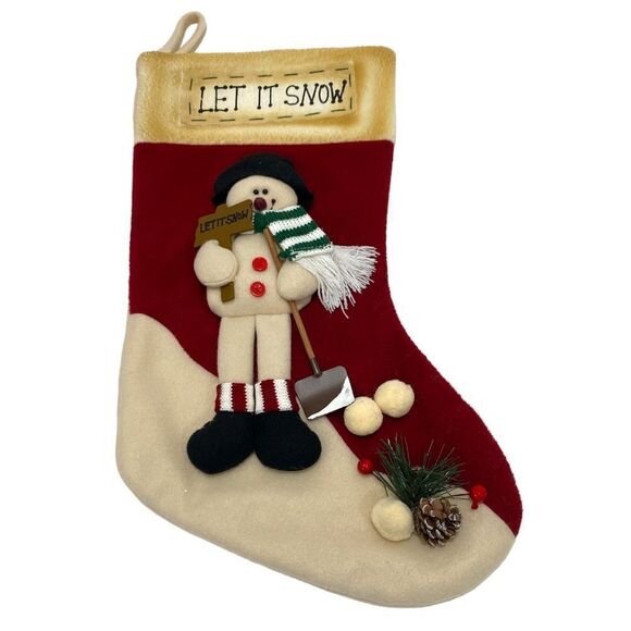 Let It Snow Holiday Snowman Christmas Stocking In Off White And Red - Picture 1 of 12